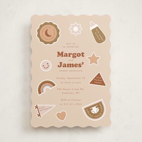 This is a earth baby shower invitations with standard by Hudson meet Rose called scout badges printing on signature in standard