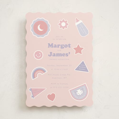This is a sunrise baby shower invitations with standard by Hudson meet Rose called scout badges printing on signature in standard
