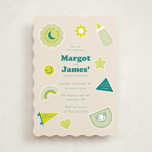 This is a nature baby shower invitations with standard by Hudson meet Rose called scout badges printing on signature in standard