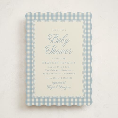This is a pond baby shower invitations with standard by Brianne Larsen called scalloped gingham printing on signature in standard