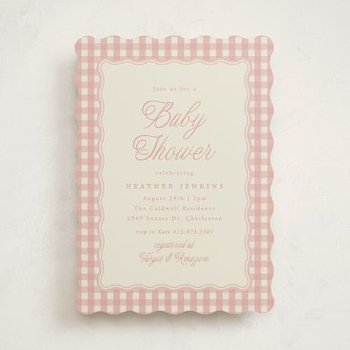 This is a cherry blossom baby shower invitations with standard by Brianne Larsen called scalloped gingham printing on signature in standard