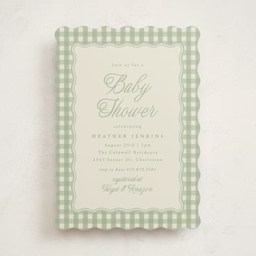 This is a pear baby shower invitations with standard by Brianne Larsen called scalloped gingham printing on signature in standard