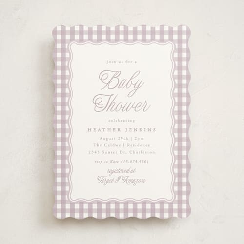 This is a lavender baby shower invitations with standard by Brianne Larsen called scalloped gingham printing on signature in standard