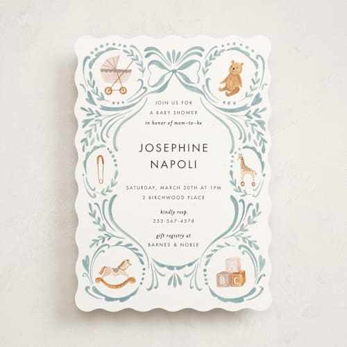 This is a cloud baby shower invitations with standard by Sarah Knight called prams, bears and baby printing on signature in standard