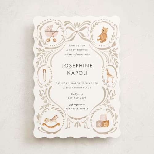This is a linen baby shower invitations with standard by Sarah Knight called prams, bears and baby printing on signature in standard