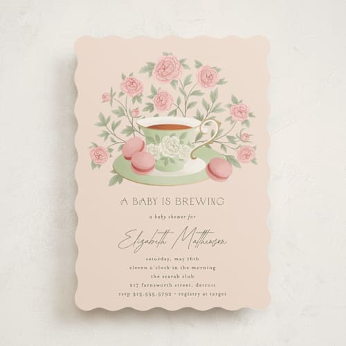 This is a framboise baby shower invitations with standard by Jamie Alexander called a baby is brewing printing on signature in standard