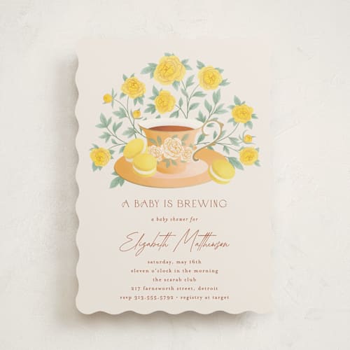 This is a citron baby shower invitations with standard by Jamie Alexander called a baby is brewing printing on signature in standard