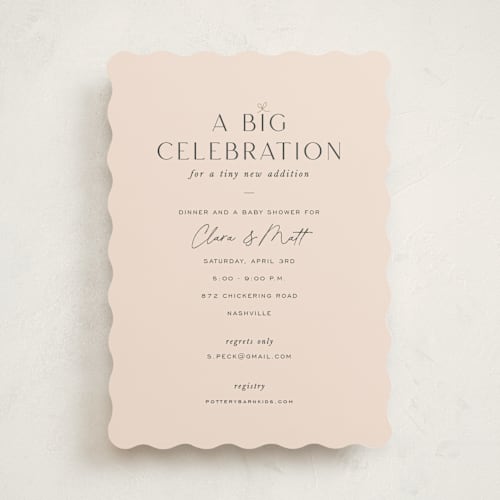 This is a blush baby shower invitations with standard by Sara Hicks Malone called big celebration, tiny addition printing on signature in standard
