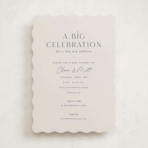 This is a tonal baby shower invitations with standard by Sara Hicks Malone called big celebration, tiny addition printing on signature in standard