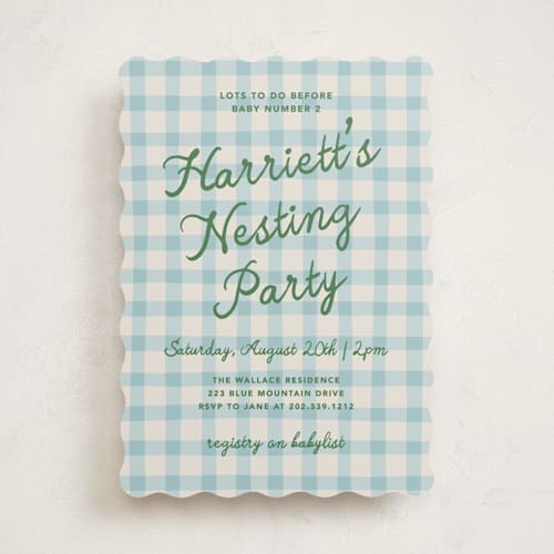 This is a bluebird baby shower invitations with standard by Kelly Watkins called a nesting party printing on signature in standard
