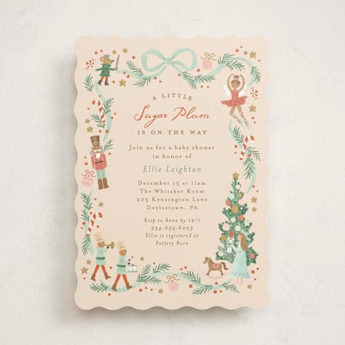This is a cream baby shower invitations with standard by Jennifer Wick called little sugar plum printing on signature in standard