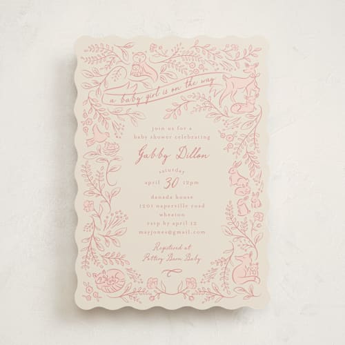 This is a rose baby shower invitations with standard by Erin German called woodland printing on signature in standard