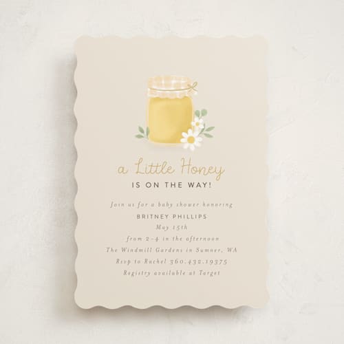 This is a greige baby shower invitations with standard by Itsy Belle Studio called little honey printing on signature in standard