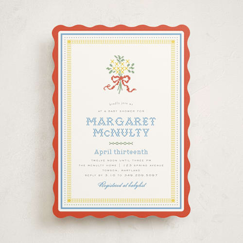 This is a rainbow baby shower invitations with standard by Erin L. Wilson called cross-stitched sampler printing on signature in standard