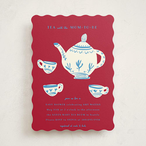 This is a crimson baby shower invitations with standard by Ani Somi called china tea set printing on signature in standard