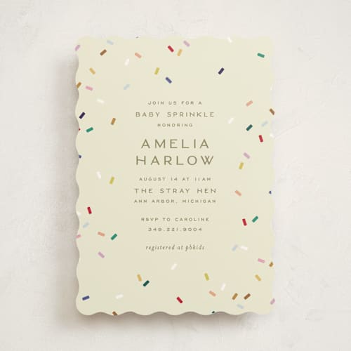 This is a cream baby shower invitations with standard by Ellen Schlegelmilch called tiny bold sprinkles printing on signature in standard
