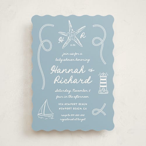 This is a powder blue baby shower invitations with standard by Claudia Orengo called nautical celebration printing on signature in standard