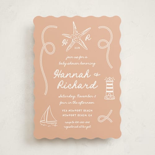 This is a peach baby shower invitations with standard by Claudia Orengo called nautical celebration printing on signature in standard