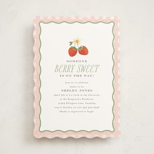 This is a blush baby shower invitations with standard by Itsy Belle Studio called so berry sweet printing on signature in standard