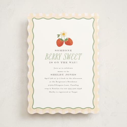 This is a cream baby shower invitations with standard by Itsy Belle Studio called so berry sweet printing on signature in standard