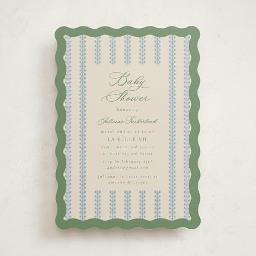 This is a forest baby shower invitations with standard by Jen Owens called wavy stripe printing on signature in standard