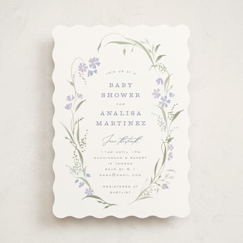 This is a lilac baby shower invitations with standard by Erin L. Wilson called lottie printing on signature in standard