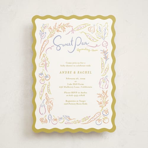 This is a olive baby shower invitations with standard by Natalie Rae called veggie patch printing on signature in standard