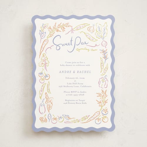 This is a periwinkle baby shower invitations with standard by Natalie Rae called veggie patch printing on signature in standard