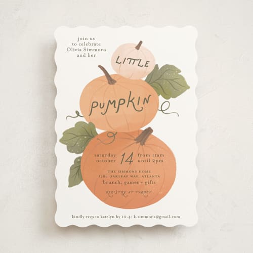 This is a pumpkin baby shower invitations with standard by Paper Raven Co. called pumpkin patch printing on signature in standard