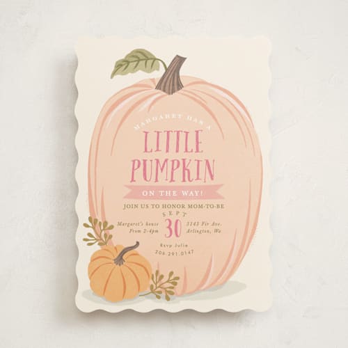 This is a peach baby shower invitations with standard by Karidy Walker called autumn pumpkin printing on signature in standard
