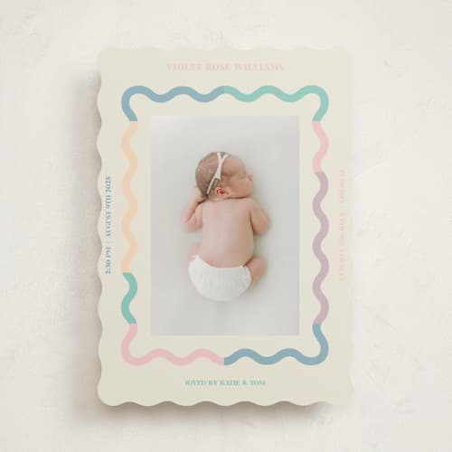 This is a cream birth announcements with standard by Baumbirdy called wavy pastel frame printing on signature in standard