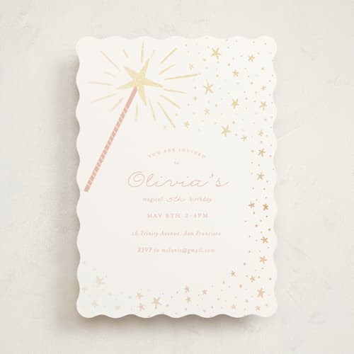 This is a cotton candy kids birthday invitations with foil pressed by Jackie Crawford called magical wand printing on signature in standard