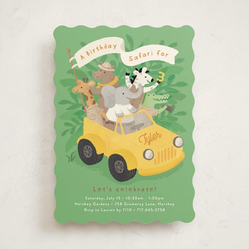 This is a grasshopper kids birthday invitations with standard by Jennifer Wick called birthday safari printing on signature in standard