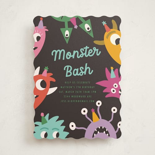 This is a midnight kids birthday invitations with standard by Morgan Kendall called monsters printing on signature in standard