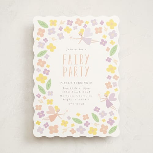 This is a peach kids birthday invitations with standard by Angela Thompson called fairy garden printing on signature in standard