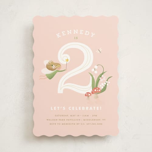 This is a petal kids birthday invitations with standard by Jennifer Wick called vintage woodland fairy printing on signature in standard