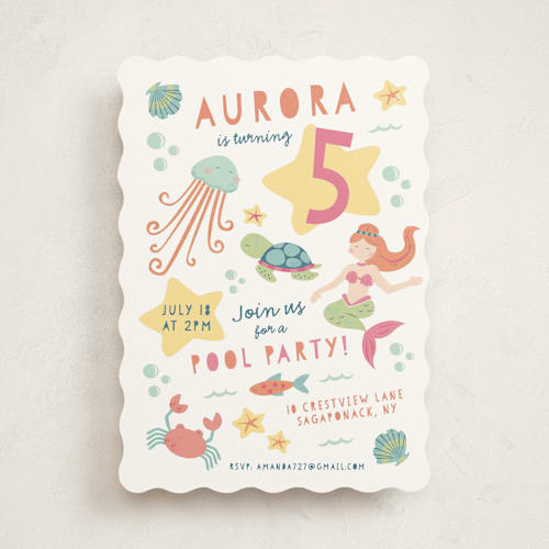 This is a coral kids birthday invitations with standard by peetie design called sirena printing on signature in standard