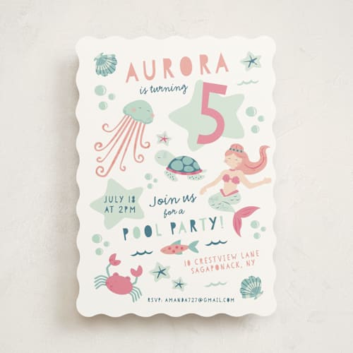 This is a pool kids birthday invitations with standard by peetie design called sirena printing on signature in standard