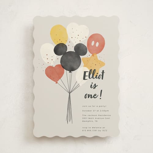 This is a cream kids birthday invitations with standard by Adelyn T. called disney's mickey balloon bunch printing on signature in standard