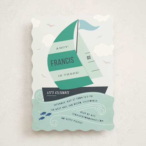 This is a deep sea kids birthday invitations with standard by Creo Study called sail away printing on signature in standard