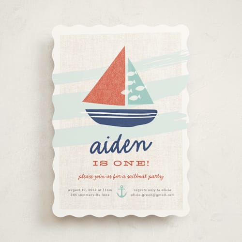 This is a teal kids birthday invitations with standard by Carolyn MacLaren called regatta race printing on signature in standard