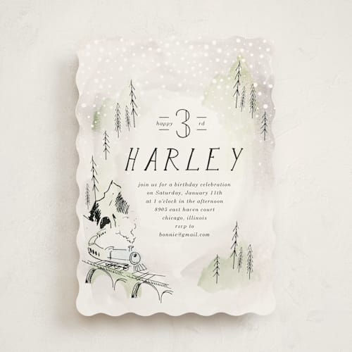 This is a cinders kids birthday invitations with standard by Baumbirdy called winter train printing on signature in standard