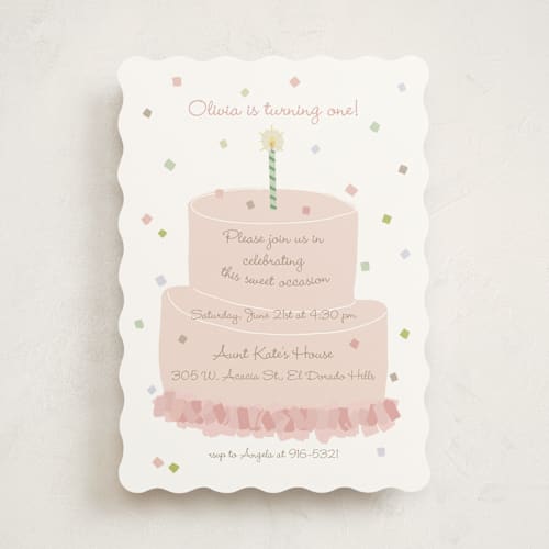 This is a blush kids birthday invitations with standard by Tina Faselli called confetti party printing on signature in standard