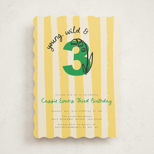 This is a buttercup kids birthday invitations with standard by Jenna Holcomb called wild and three printing on signature in standard
