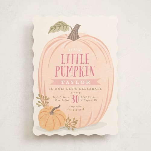 This is a peach kids birthday invitations with standard by Karidy Walker called autumn pumpkin printing on signature in standard