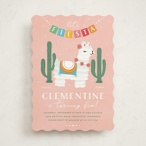 This is a strawberry kids birthday invitations with standard by Jennifer Lew called llama piñata printing on signature in standard