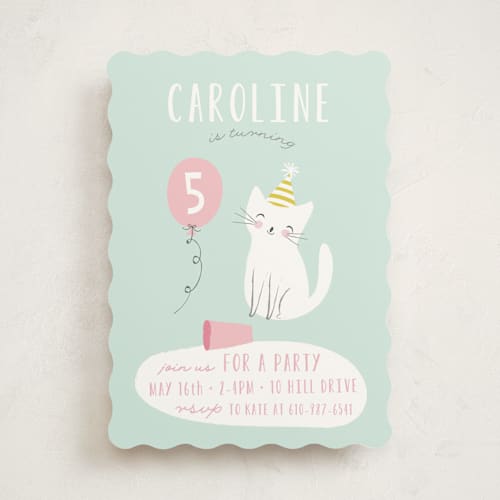 This is a spearmint kids birthday invitations with standard by Angela Thompson called party cat printing on signature in standard