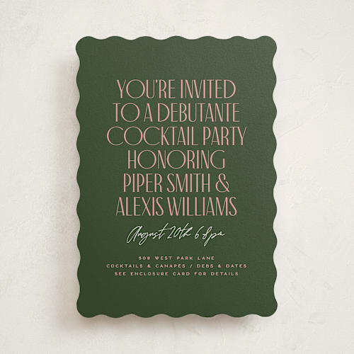 This is a spruce debutante party invitations with standard by Owl and Toad called personality printing on signature in standard