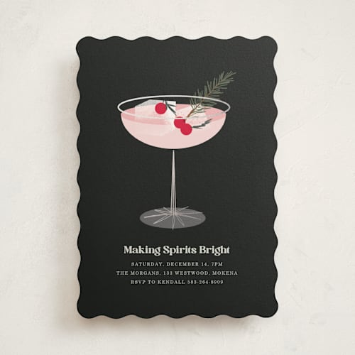 This is a onyx holiday party invitations with foil pressed by Baumbirdy called holiday cocktail printing on signature in standard