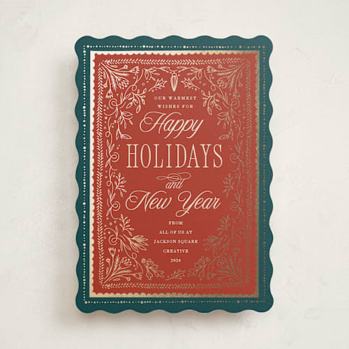 This is a poinsettia business holiday cards with foil pressed by Hannah Williams called gilded hand drawn frame printing on signature in standard